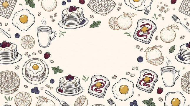 Hand drawn breakfast food frame with pancakes eggs and toast on a light background