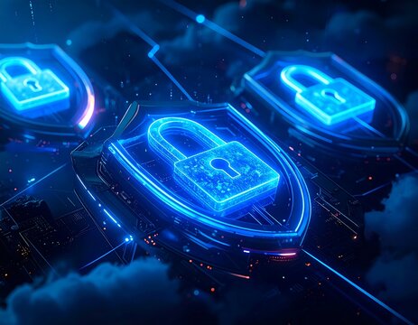 Glowing blue digital padlocks inside futuristic security shields representing advanced cybersecurity and data protection. Ideal for corporate IT security and technology marketing campaigns.