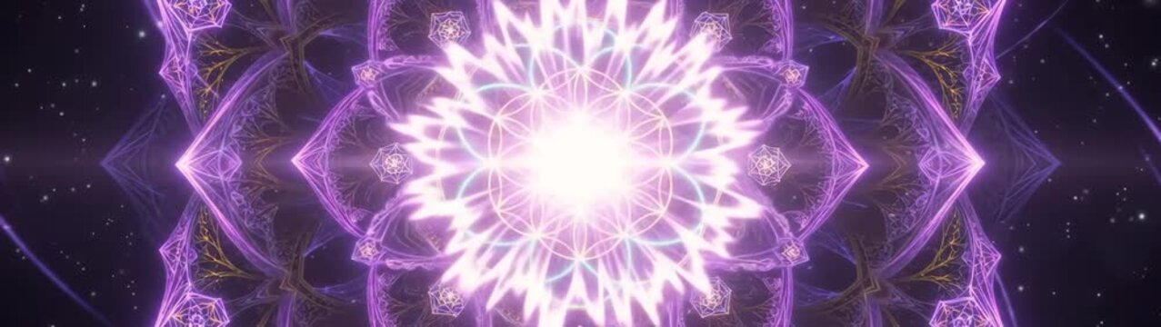 Sacred geometry and mindfulness concept flower of life pattern glowing in deep space spiritual meditation background with ethereal light and cosmic energy.
