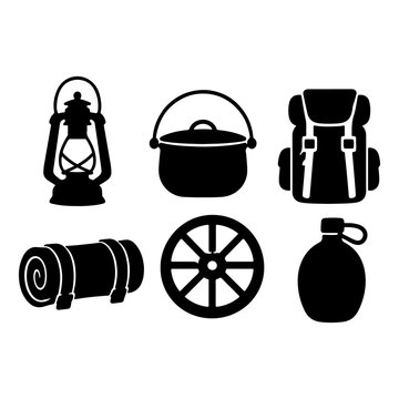 Western Frontier Camping Adventure Solid Black Silhouette Icon Bundle