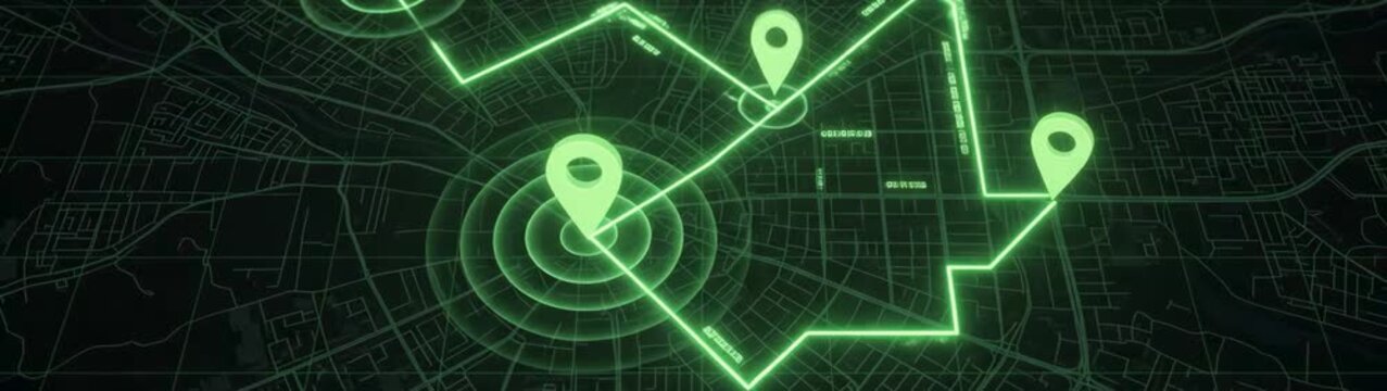 Geolocation and navigation technology concept digital map interface with glowing green location pin and tracking path motion overlay for logistics and urban transport analysis.