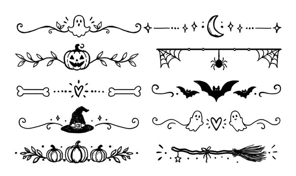 Hand drawn cute halloween borders and page dividers doodle line art isolated on transparent background