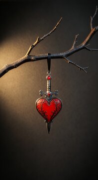 A red filigree heart pendant with a silver dagger and a red gemstone hangs by a black ribbon from a bare dark branch against a warm blurred background