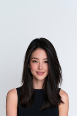 Fototapeta premium beautiful young chinese woman smiling in full body portrait, elegant chinese woman with cute makeup on white background, attractive young asian woman with curvy figure posing in studio