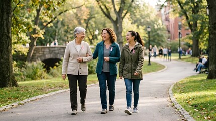 Fototapeta premium Three mature women walking together through a sunny park path while discussing health and support during breast cancer awareness month