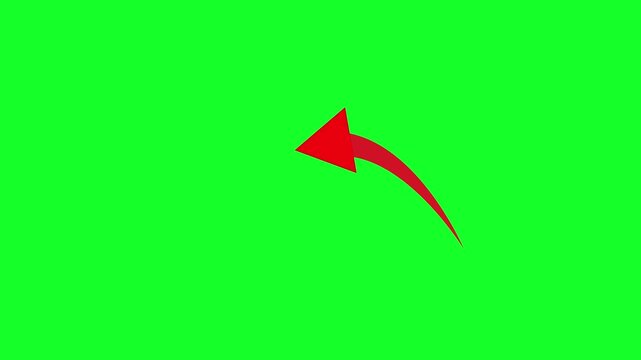 Curved red arrow pointing left on vibrant green chroma key background for attention grabbing