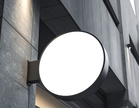 An empty white round blank sign mockup mounted on a modern concrete and glass building exterior, ideal for corporate branding presentations and commercial storefront advertising.