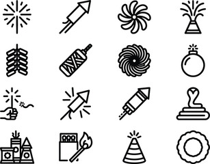 Fototapeta premium Collection of firework and celebration icons in a linear black style