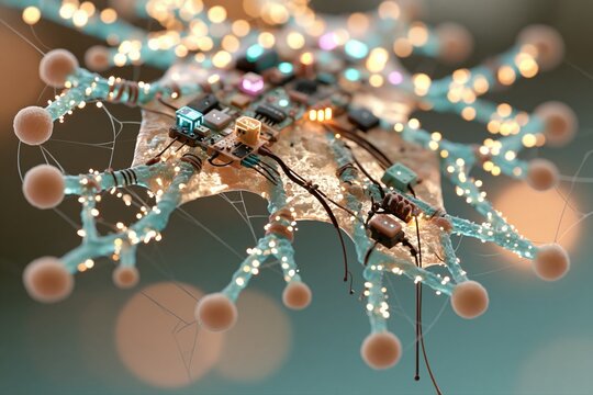 Tiny nanodevice microchip with glowing neural connections close up
