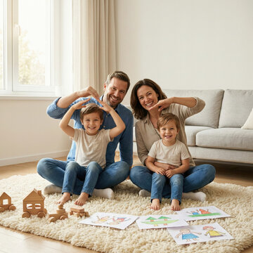 European family with two kids planning home on carpet in living room