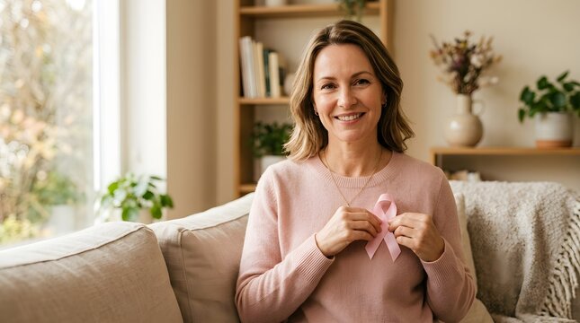 A smiling woman wearing a pink shirt sitting on a sofa to support breast cancer awareness month and health