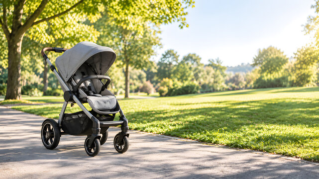 Modern grey baby stroller on paved park pathway in sunny summer park with green trees and lawn, family walk concept with copy space
