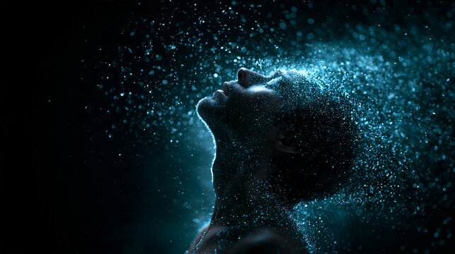 Man Tilting Head Back in Glowing Water Spray