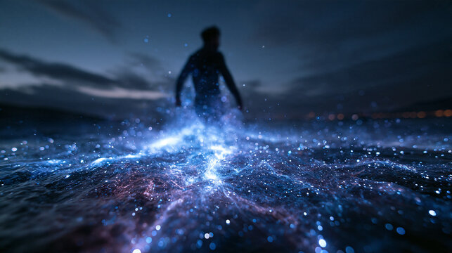 Bioluminescent Plankton Glowing in Ocean Water at Night