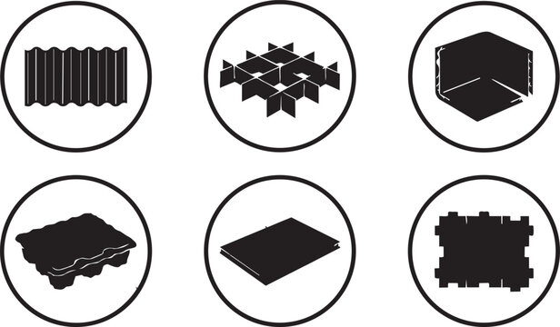 E-commerce fulfillment packaging interior features vector silhouette icon set showing shipping box contents and protective cushioning