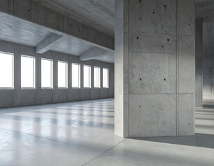 Obraz premium Contemporary concrete gallery interior with large structural pillars and minimalist windows, ideal for modern architectural design and commercial backgrounds.