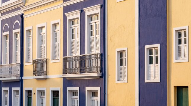 Colorful Colonial Facade of Historic Buildings with Balconies