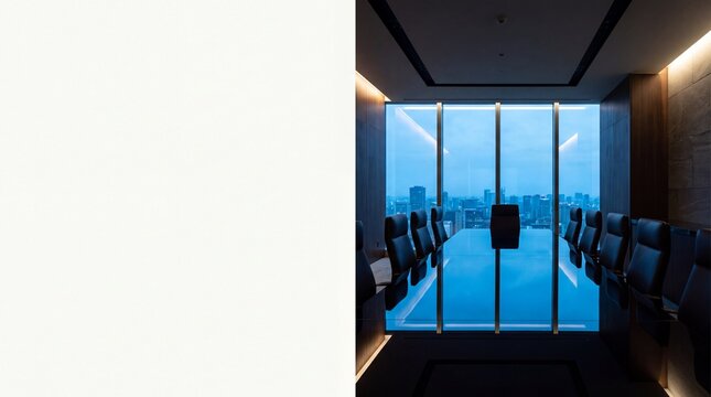Modern Executive Boardroom with City Skyline View and Copy Space