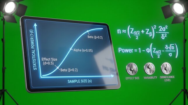 Data scientist analyzing statistical power and sample size formula on digital tablet in professional studio setting