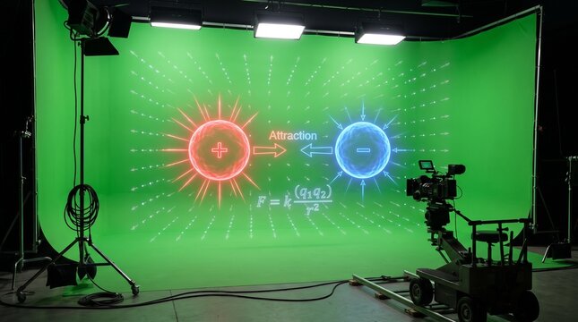 Scientist monitors plasma spheres interaction in high-tech research studio with green screen backdrop