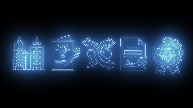 Neon Blue Idea Transformation to Approved Contract Business Strategy and Proposal Flow Motion Graphic