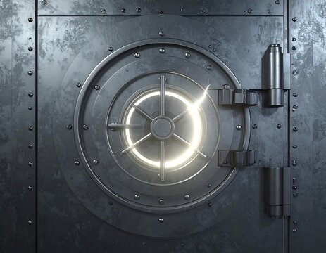 Macro close-up of a closed heavy gray safe metal door with a glowing wheel lock, ideal for security and finance concepts.