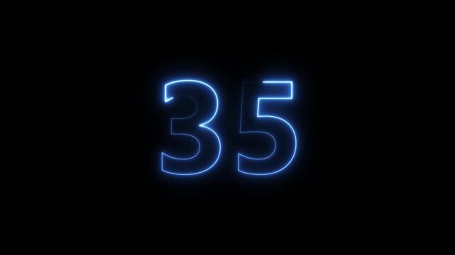 Blue neon number 35 blinking and glowing on a dark background with subtle digital effects