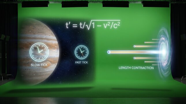 Time dilation physics diagram with clocks and planet on green screen background