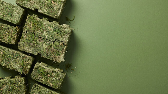Compressed Moss and Plant Fiber Eco Bricks on Olive Green Background