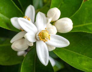 Obraz premium Macro shot of blooming white orange tree flowers and green leaves, ideal for natural skincare and floral design projects.