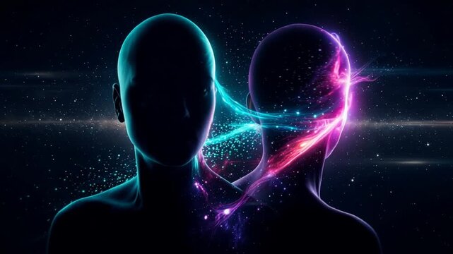 Paired human profiles glow with swirling galaxy energy inside head, forming bright abstract mindscape in surreal style. Twin silhouettes merge emotion, mystery, and science fiction atmosphere.