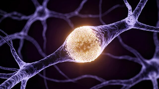 3D Animation of Neuron Synapse Firing with Glowing Blue Electrical Impulse and Golden Neurotransmitter Release Across Human Brain Neural Network