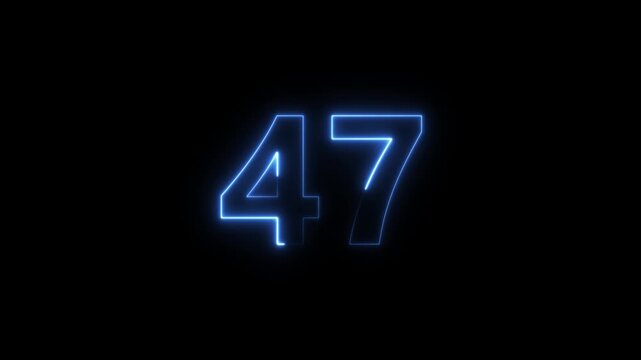 Number 47 glowing blue neon light effect in motion on a black background