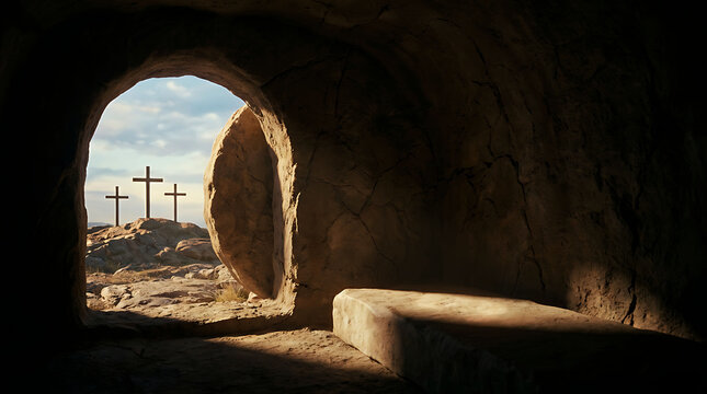 Empty tomb of Jesus resurrection with three crosses on Golgotha mountain hill