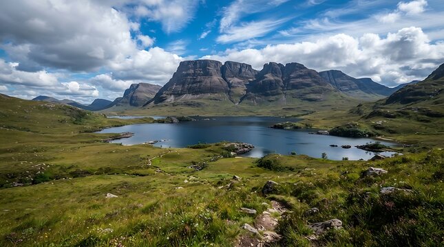 Stunning landscape of suilven mountain in the scottish highlands, featuring a serene lake and rolling green hills under a dramatic cloudy sky in scotland