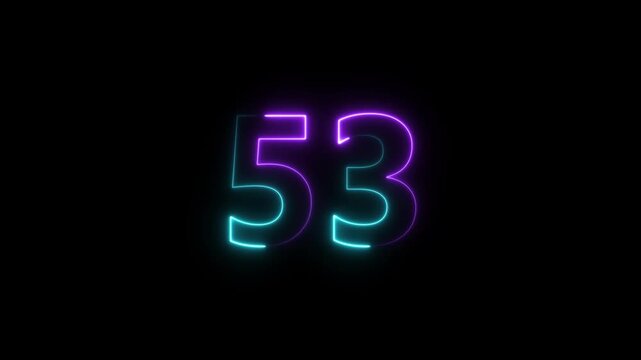 Glowing Neon Number 53 Animated on Black Background with Smooth Motion