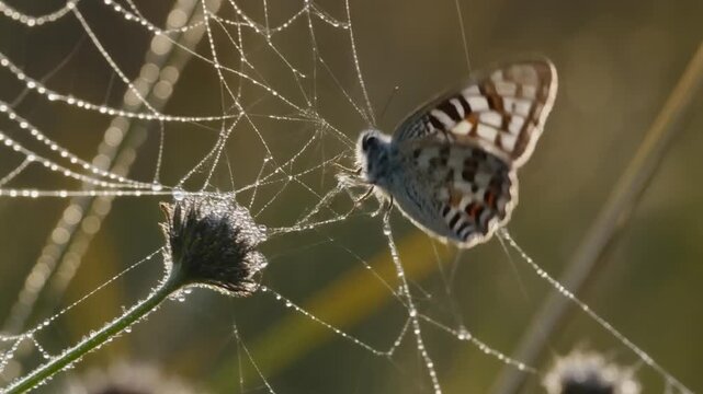 Dewdrops on Spiderweb with Butterfly, Macro Nature Morning Dew, Delicate Insect