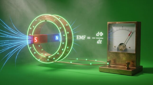 Bar magnet inducing electric current in a copper wire coil with galvanometer