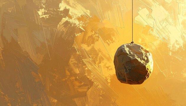 Heavy Stone Hanging on Thin Thread Fragile Balance Concept Golden Background