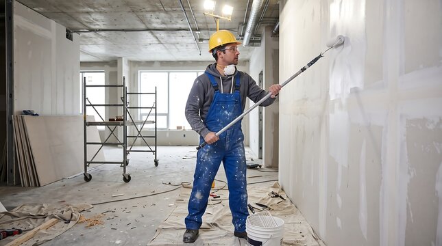 Professional painter in blue overalls using roller on drywall. Construction worker priming white wall. Interior renovation and home improvement.
