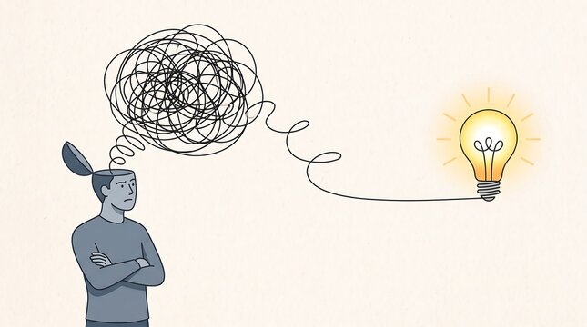 Conceptual illustration of mental clarity, tangled thoughts unraveling into a glowing light bulb, psychological breakthrough and creative problem solving