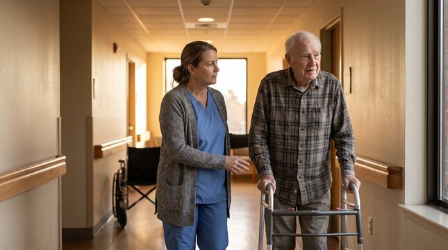 Home Health Aide Assisting Elderly Patient with Walker at Home