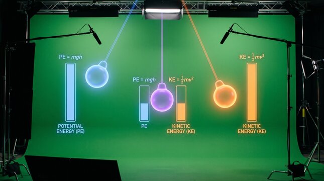 Neon pendulum physics experiment displayed on a green screen studio background