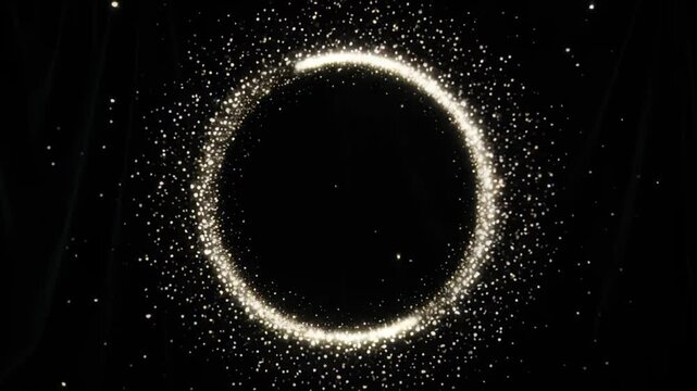 Golden magic circle glowing with sparkling dust and particles on a dark background for celebration