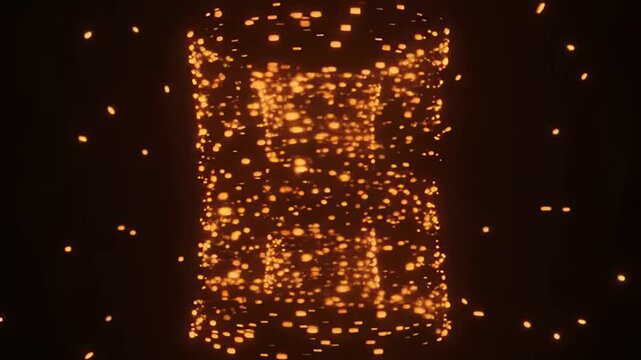 Glowing hourglass shape made of shimmering orange particles on a dark background for time concept
