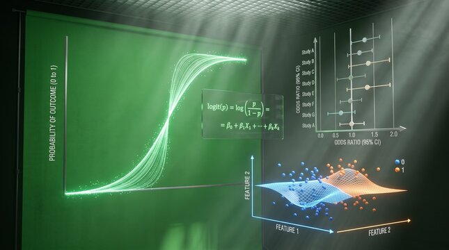 Glowing sigmoid curve and statistical odds ratio charts on a dark digital screen