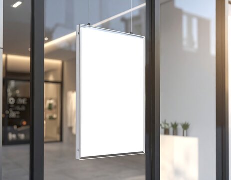 A pristine blank vertical sign panel hanging in a modern commercial interior, ideal for branding and advertising mockups.