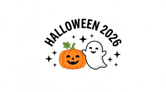 Cute halloween 2026 design with a happy pumpkin and a friendly ghost