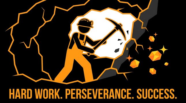 Hard work and perseverance concept, miner digging for gold in dark tunnel, success and motivation business metaphor