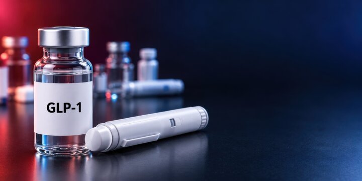 GLP-1 medication vial and injection pen on a dark clinical background, representing diabetes treatment, obesity management, weight loss therapy, pharmaceutical research, metabolic health. Copy space